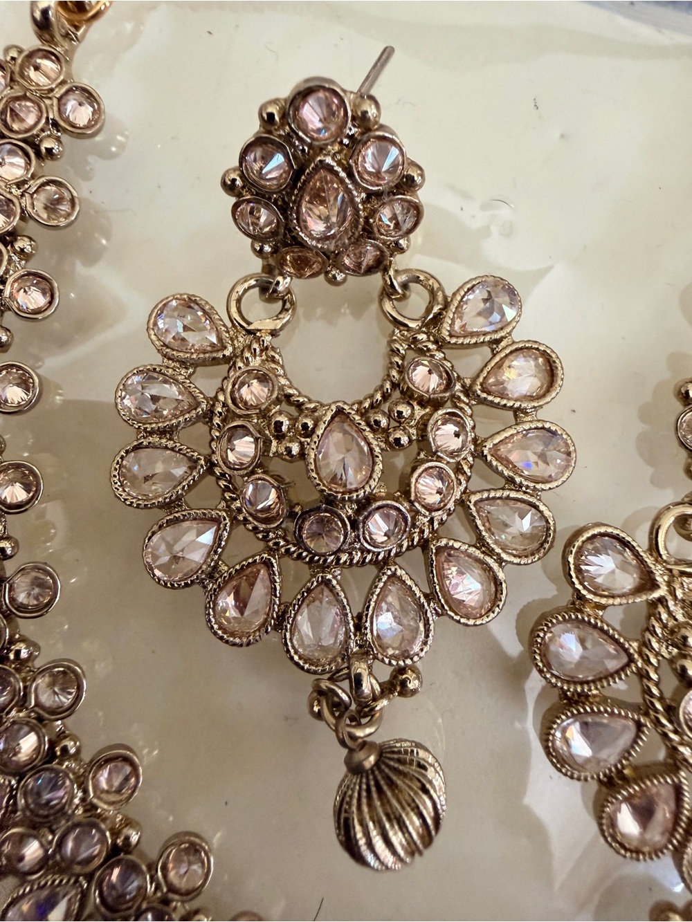 Gold-Tone Pink Teardrop Filigree Chandelier Earrings, Necklace with Tikka
